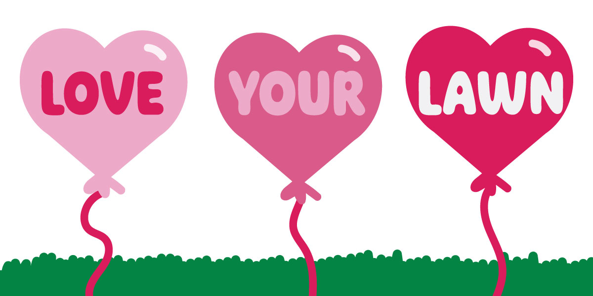 three heart shaped balloons with Love Your Lawn written